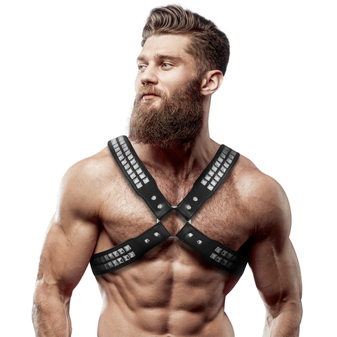 FETISH SUBMISSIVE ATTITUDE - IMBRACATURA IN ECOPELLE CON PETTO INCROCIATO DA UOMO CON RIVETTI