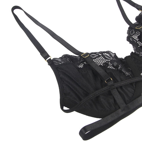SUBBLIME - SET 3 PEZZI REGGISENO + PERIZOMA + GIARRETTIERA IN PIZZO NERO L/XL