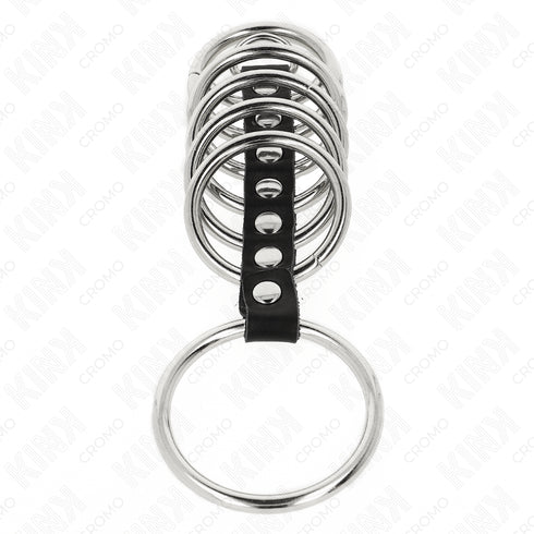 KINK - 7 ANELLI PER PENE IN METALLO DA 3,2 CM A 5 CM COLLEGATI DA PELLE