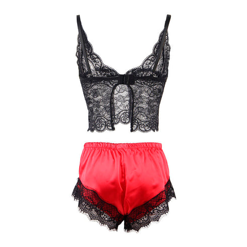 SUBBLIME - 953959 CAMICIA DA NOTTE CASUAL IN SETA + PANTALONI IN PIZZO NERO/ROSSO S/M