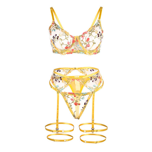 SUBBLIME - 954345 REGGISENO + PERIZOMA + CINTURA REGGISENO FLOREALE GIALLO S/M
