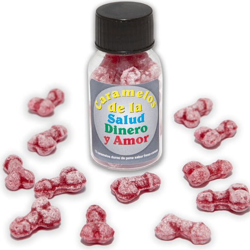 DIABLO PICANTE - 12 CARAMELLE SALUTE-SOLDI-AMORE A FORMA DI PENE FRAGOLA/CILIEGIA