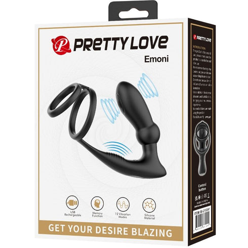 PRETTY LOVE - ANELLO PER PENE EMONI + TAPPO ANALE 12 VIBRAZIONI NERO