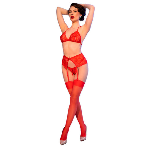 CHILIROSE - CR 4848 SET REGGISENO + PERIZOMA + CALZE IN PIZZO ROSSO XL