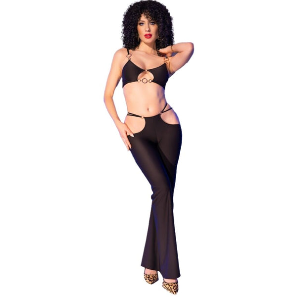 CHILIROSE - CR 4851 SET TOP E LEGGINGS NERI CON ACCESSORI DORATI M
