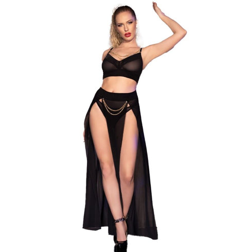 CHILIROSE - CR 4672 GONNA TOP NERA E PERIZOMA CON CATENE ORO XL