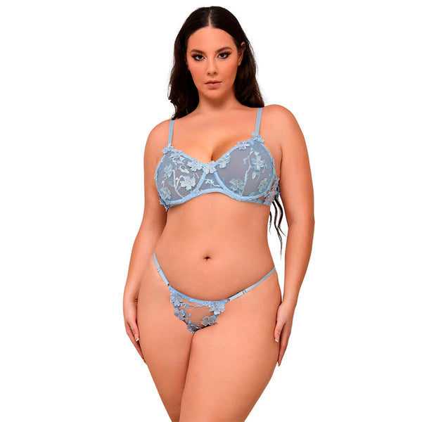 SUBBLIME - 957636 COMPLETO REGGISENO E SLIP RICAMATI A FIORI AZZURRO CIELO L/XL
