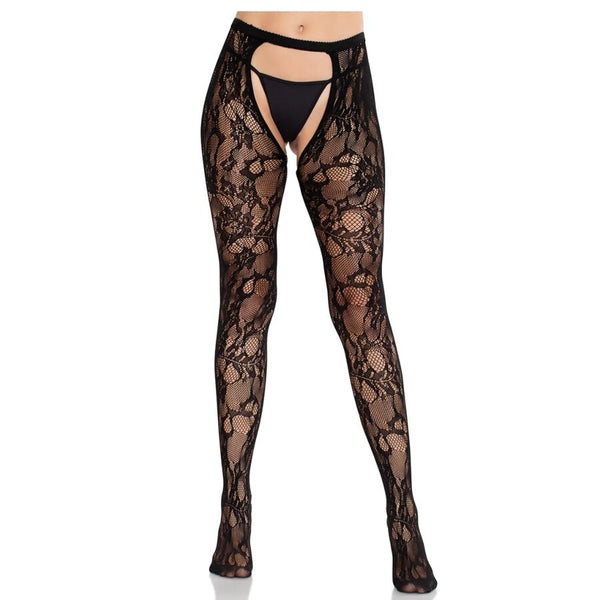 LEG AVENUE - CALZE IN PIZZO ROSA CON SCHIENA APERTA NERE