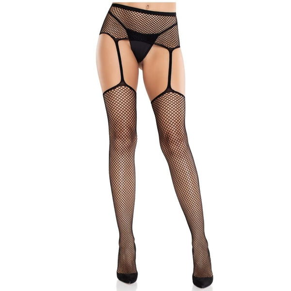 LEG AVENUE - CALZE IN PIZZO CON CROCE E CINTURA REGGICALZE NERE