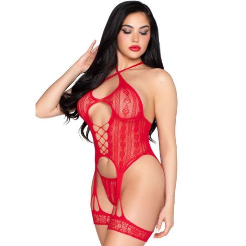 LEG AVENUE - 89338 BODY APERTO IN PIZZO CON CINTURINO E PERIZOMA ROSSO - TAGLIA UNICA